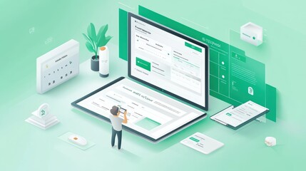 Leinwandbilder - A digital workspace featuring a user interacting with a laptop and various interface elements.