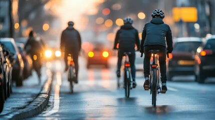 Cyclists and pedestrians navigate busy street city center urban scene evening light dynamic view