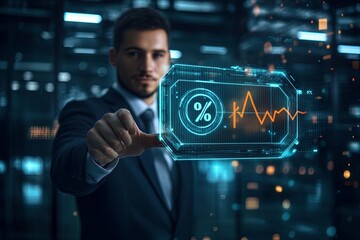 Poster - Businessman in suit interacting with digital financial data in a modern office during evening hours. Generative AI