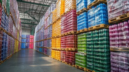 Poster - Efficient stacking of colorful cargo pallets in a large warehouse industrial environment perspective