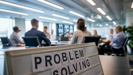 Poster - A group meeting focused on problem-solving in a modern office setting.