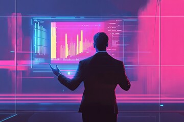 Poster - Businessman analyzing digital financial graphs in a futuristic setting during an evening meeting. Generative AI