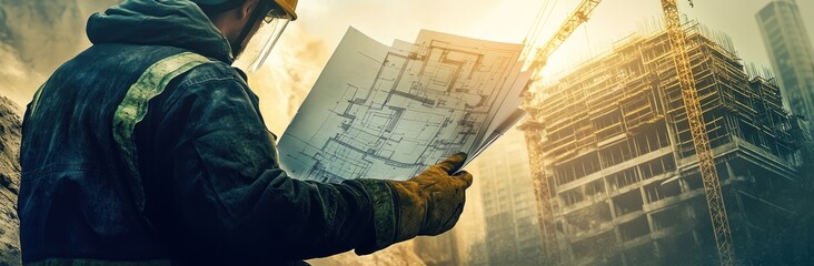 Poster - A construction worker examines blueprints at a construction site.