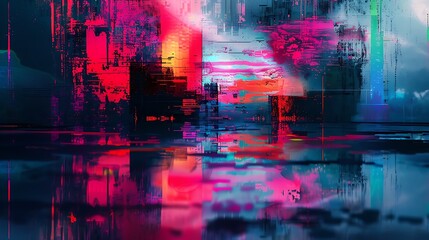 Poster - abstract glitch art with vibrant colors and a reflective surface. the image evokes a feeling of digi