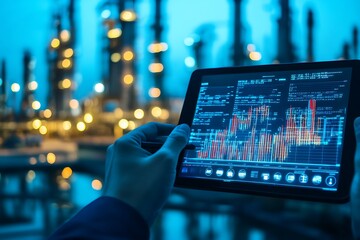Poster - A person holds a tablet displaying data analytics in an industrial setting with illuminated structures.