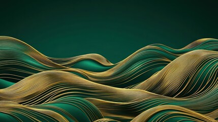 Wall Mural - Intricate golden line design in swirling waves over a rich emerald green background, exuding elegance and luxury.