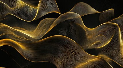 Wall Mural - Luxurious golden line art resembling flowing ribbons on a black background, ideal for refined wall art or fabric.