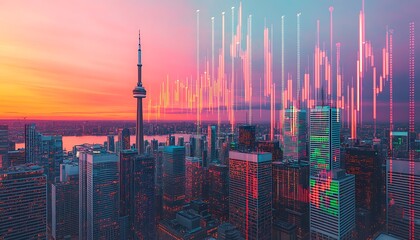 Poster - A vibrant city skyline at sunset with digital data overlays.