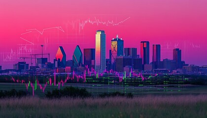 Poster - A vibrant city skyline at sunset with digital data overlays.