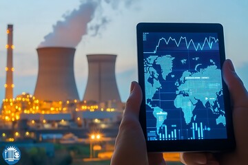 Poster - A person holding a tablet displaying data near a cooling tower and smoke from a power plant.