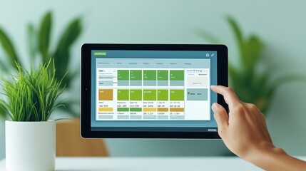 Poster - A hand interacting with a tablet displaying a data dashboard and a potted plant.