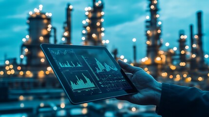 Poster - A person holds a tablet displaying data against an industrial backdrop at dusk.