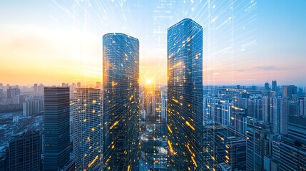 Poster - A dynamic cityscape featuring modern skyscrapers at sunset with digital overlay effects.