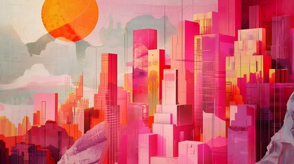 Canvas Print - A vibrant, abstract cityscape featuring towering structures and a large sun, evoking a futuristic atmosphere.