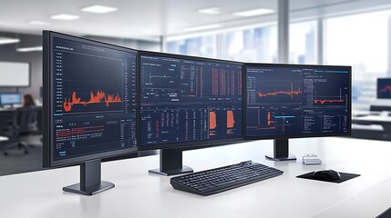 Poster - A modern office setup featuring multiple monitors displaying data analytics and graphs.