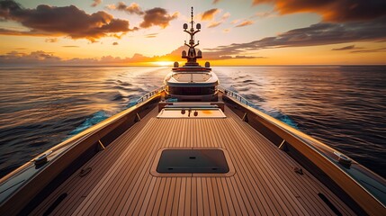 Wall Mural - Luxurious yacht sails through the tranquil ocean, bathed in the warm glow of a golden sunset.