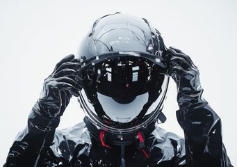 Poster - A person in a sleek black helmet and suit, preparing for a space or futuristic environment.