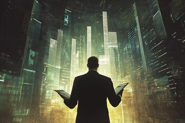 Poster - A business professional analyzes data while standing in a futuristic digital environment during a conference. Generative AI