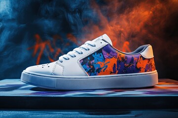 Poster - Stylish white sneakers with colorful abstract design in a vibrant urban setting during nighttime. Generative AI