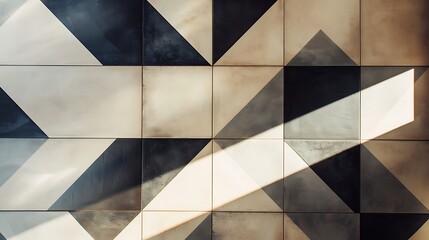 Poster - close-up shot of a geometric tile pattern, showcasing the interplay of light and shadow as sunbeams 