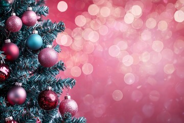 Wall Mural - A Christmas tree with pink and blue ornaments