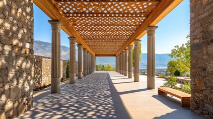 Poster - A serene architectural space with columns and a wooden lattice roof, inviting relaxation.