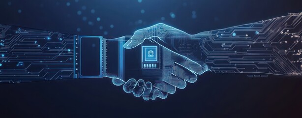 Poster - A digital handshake symbolizing collaboration in technology and security.