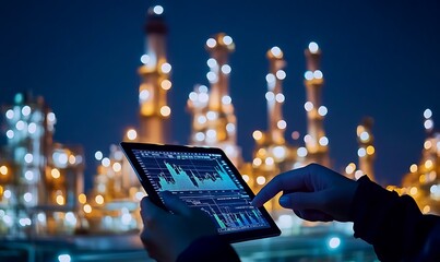 Poster - A person using a tablet to analyze data in an industrial setting at night.