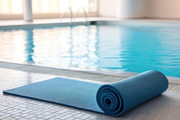 Poster - A rolled blue yoga mat beside a serene swimming pool, inviting relaxation and exercise.