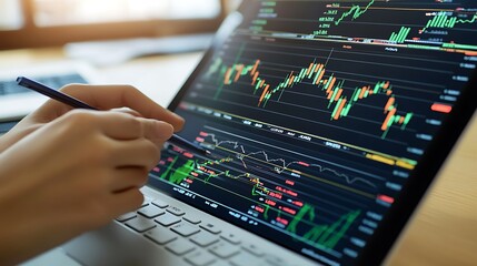 Poster - A person analyzing stock market data on a laptop with graphs and charts displayed.