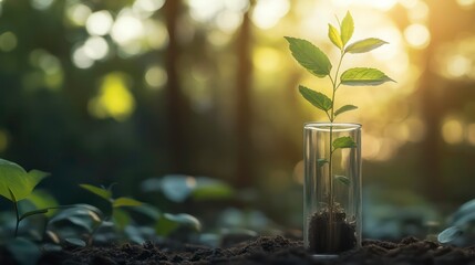 Poster - Young plant in science test tube, biochemistry and biotechnology concept in lab -