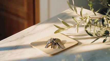 A fresh start: Real Estate keys resting on a polished wooden surface in a cozy home environment