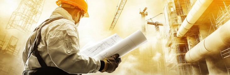 Poster - A construction worker examines blueprints on a site with cranes and pipes in the background.