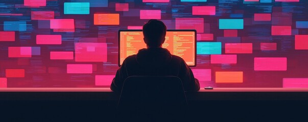 Poster - A silhouetted figure sits at a computer, surrounded by vibrant code snippets on a colorful backdrop, symbolizing the world of programming and technology.