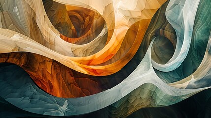 Wall Mural - Digital artwork with abstract waves of color in shades of orange, green, and blue.