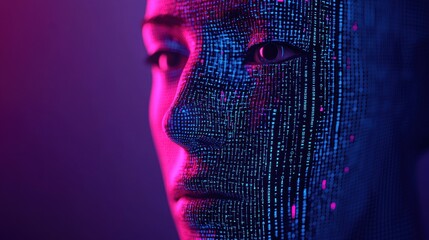 Poster - A futuristic digital face illuminated by vibrant blue and pink colors, blending technology with human-like features, evoking a sense of artificial intelligence.