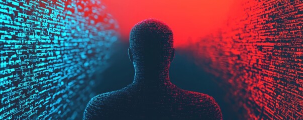 Poster - A silhouette figure stands amidst a vibrant digital landscape of red and blue, symbolizing the interplay of technology and human existence.