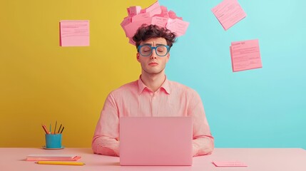Poster - A young man sits at a laptop, focused, with colorful sticky notes around him, symbolizing creativity and organization in a vibrant workspace.