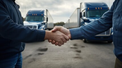Poster - Two individuals shaking hands in front of blue trucks, symbolizing business collaboration.
