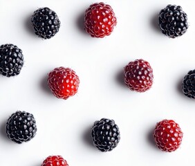 Poster - A symmetrical arrangement of red and black raspberries on a white background.