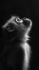 Aufkleber - A black-and-white portrait of a monkey gazing upward, capturing curiosity and innocence.