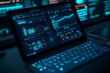 Poster - A laptop displaying data analytics and financial graphs in a dark, tech-focused environment.