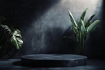 Poster - Dark and stylish indoor setting with round platform and tropical plants illuminated by soft light. Generative AI