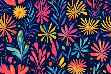 Poster - Colorful floral pattern with vibrant designs on a dark background showcasing various flowers and leaves. Generative AI