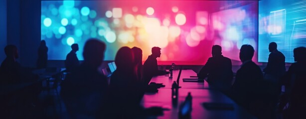 Poster - A group of people in a meeting room, silhouetted against a colorful digital backdrop.