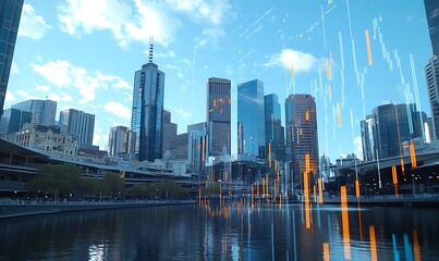 Poster - A city skyline with digital overlays representing data and technology.