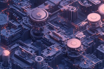 Poster - Futuristic machinery with intricate gears and circuits in a high-tech environment at dusk. Generative AI