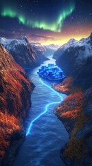 Poster - Stunning Aurora Borealis Over Arctic Landscape with Vibrant Northern Lights, Icy River, Blue Iceberg, Majestic Mountains, and Starry Night Sky