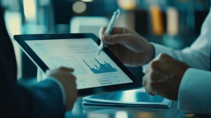 Poster - Using tablet pc, Consultant between bookkeepers and accounting lawyer consultation about asset, balance sheet, stock market statistics and yearly tax law