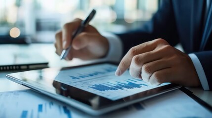 Poster - Using tablet pc, Consultant between bookkeepers and accounting lawyer consultation about asset, balance sheet, stock market statistics and yearly tax law